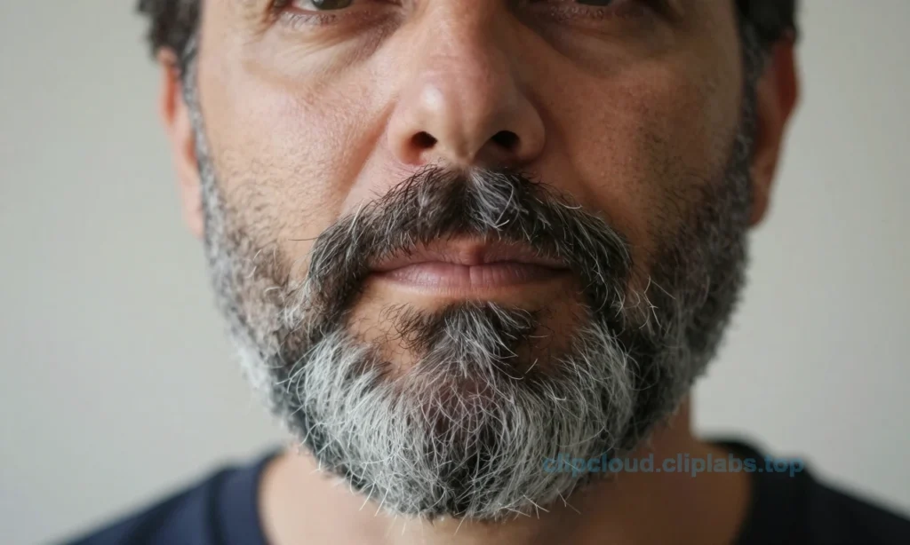 A close-up portrait of a middle-aged man with a well-groomed beard showing early signs of graying, while his scalp hair remains dark. The lighting is soft and natural, highlighting the contrast between the gray beard hairs and the darker facial hair. The background is blurred and neutral, focusing attention on the beard texture and subtle silver strands. No text, symbols, or digits appear in the image.