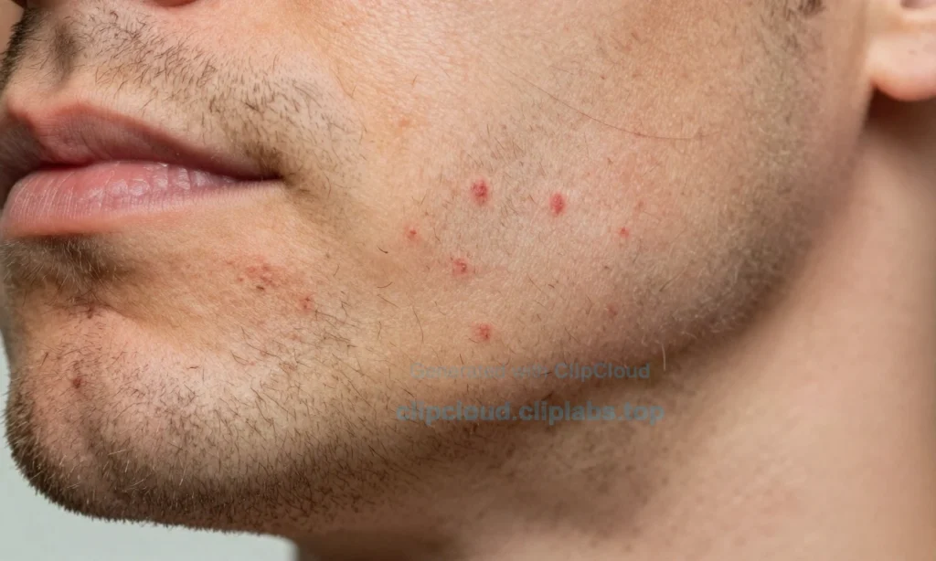 A close-up of a man's beard with visible ingrown hairs causing small red bumps and inflammation on the skin, showing detailed texture of facial hair and irritated follicles, soft natural lighting, realistic skin tones, no text or symbols