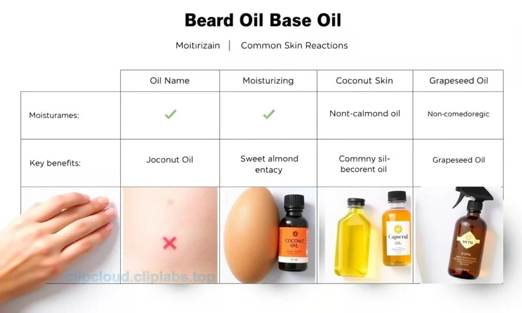 A clean, professional comparison table of popular beard oil base oils, showing columns for Oil Name, Key Benefits, and Common Skin Reactions, with rows for Jojoba Oil, Argan Oil, Coconut Oil, Sweet Almond Oil, and Grapeseed Oil; include subtle icons for moisturizing, non-comedogenic, and soothing properties; background is light gray with soft shadows; no text on skin, no redness visible on any depicted skin areas, no allergic reaction imagery, no people, no bottles with labels showing ingredient