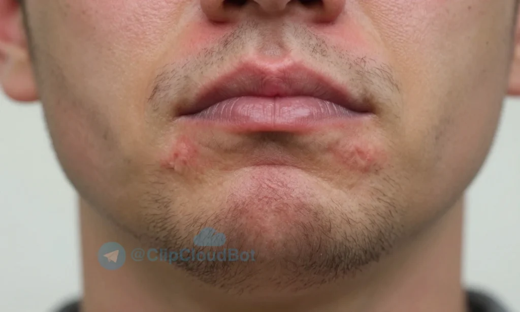 A close-up of a man's face showing the skin under a short beard that is red, inflamed, and slightly swollen after washing, with visible irritation and dryness, natural lighting, realistic skin texture, no text or symbols