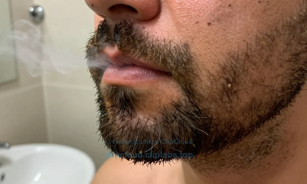 A close-up of a man's beard with visible tobacco smoke residue, showing strands of facial hair slightly discolored and emitting faint gray wisps of smoke, set against a soft blurred bathroom background with a sink and towel rack, natural lighting, realistic texture, no text or symbols