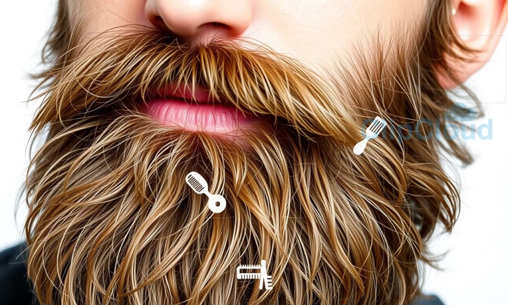 A close-up of a man's face showing a fluffy, unruly beard with hairs sticking out in different directions, set against a clean white background with a subtle grid overlay resembling a comparison table, featuring icons of beard care products like oil, balm, brush, and comb arranged in rows and columns, all in a realistic, high-detail style suitable for an informative grooming guide