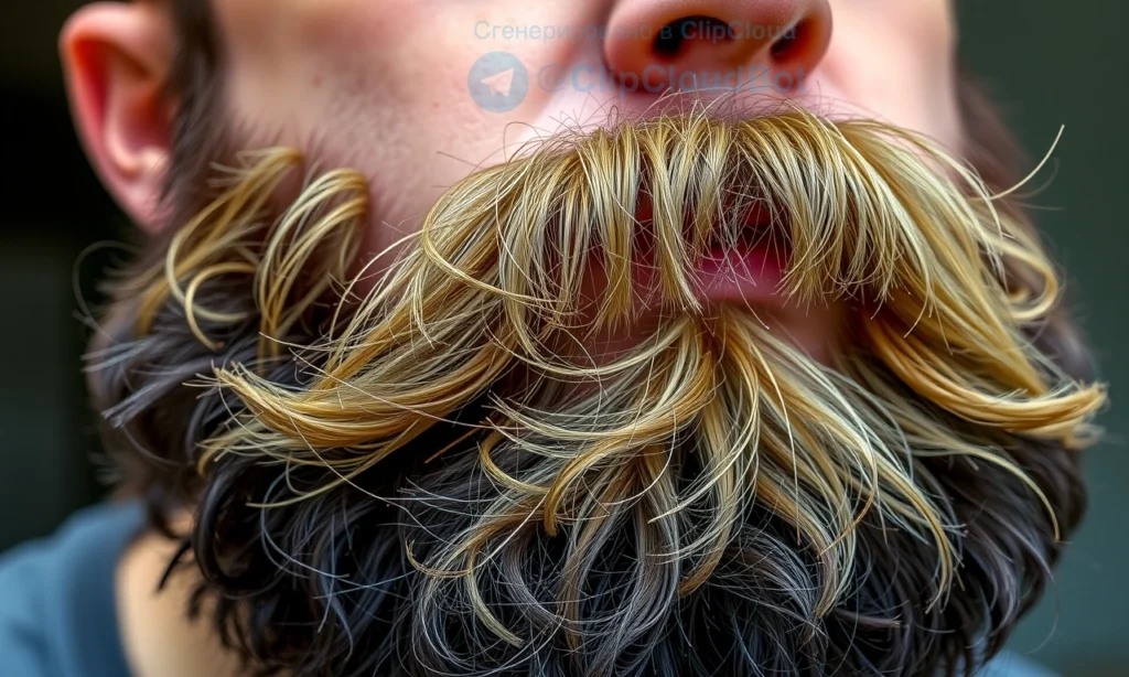 A close-up of a man's face showing a fluffy, unruly beard with hairs sticking out in different directions, emphasizing the texture and volume of the beard, soft natural lighting, realistic skin and hair details, no text or symbols visible