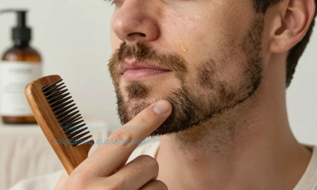 A close-up of a well-groomed short beard on a man's face, showing healthy skin underneath with no redness or irritation, soft natural lighting highlighting the texture of the facial hair, subtle droplets of beard oil being applied with fingertips, a clean wooden beard comb and a small bottle of natural beard balm resting on a light linen cloth nearby, neutral background, focus on care and comfort